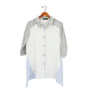 Yushi Gauzy Black White Check Collared Button Front Asymmetric Tunic Top M